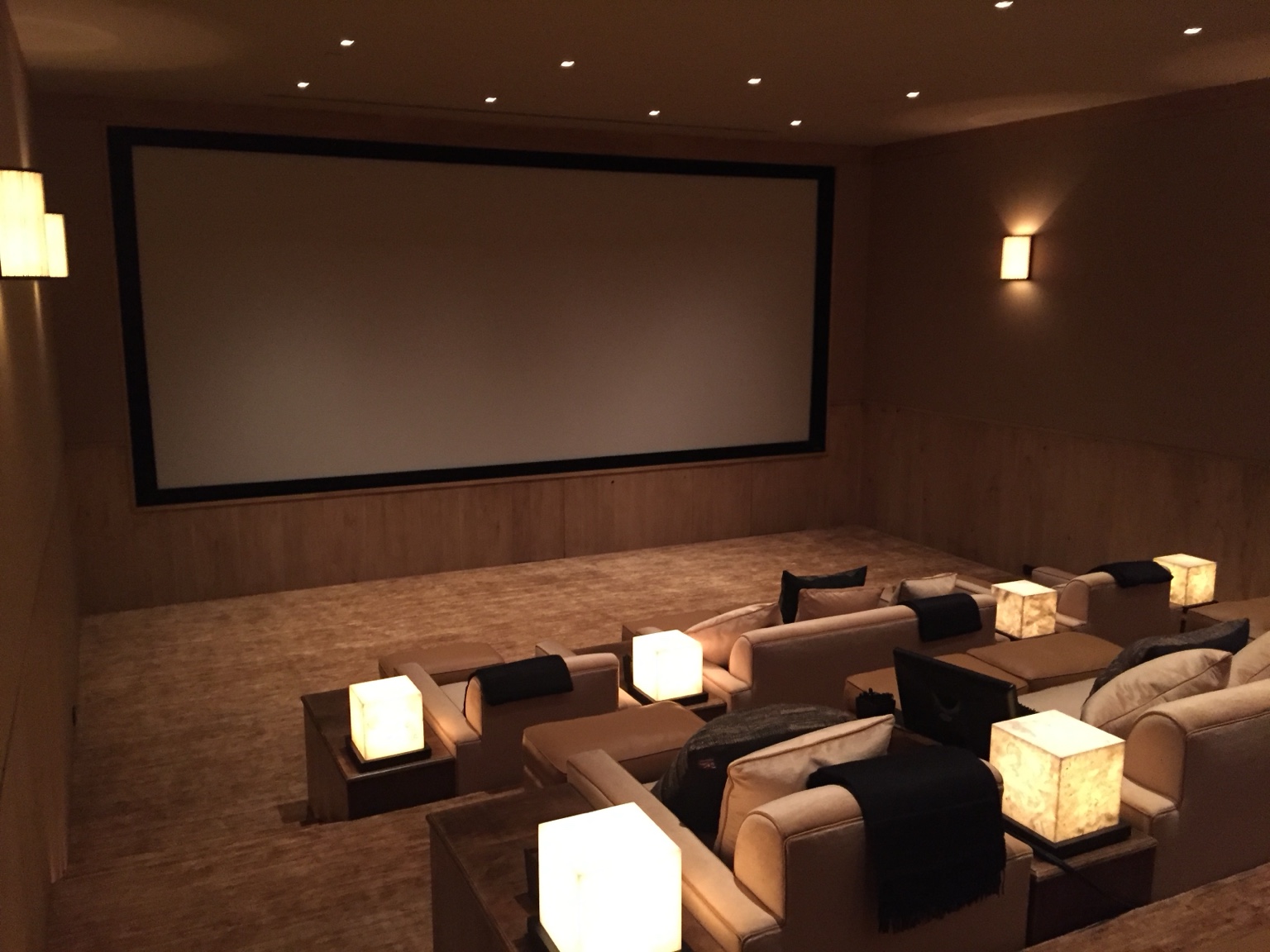 Private screening room with a large projection screen, comfortable seating, and soft lighting
